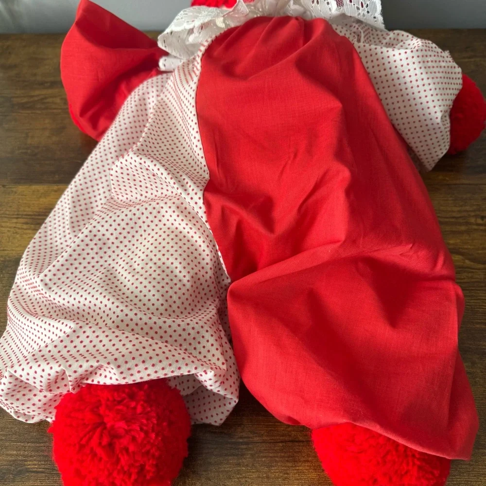 Vintage Large 26‎ Inch Cloth Clown Doll Red White Polka Dot Lace Yarn Hair
